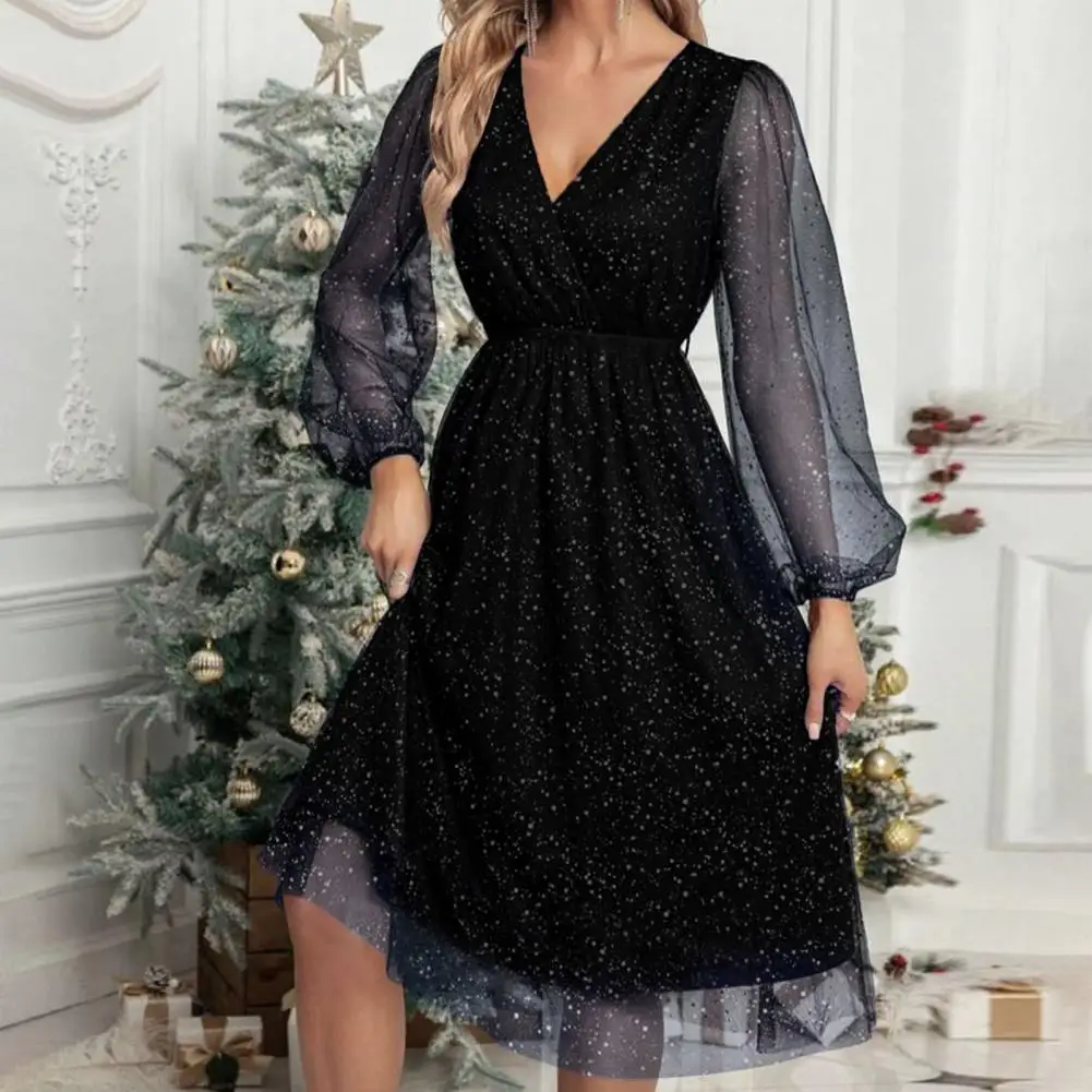 Vestido elegante elegante manga de malha vestido de festa com decote em v com cintura slim fit saia plissada de camada dupla para mulheres na altura do joelho