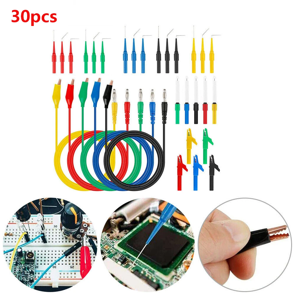 

30Pcs/Set Back Probe Kit Multimeter Test Leads 4mm Banana Plug to Alligator Clips Wire Identified Piercing Probe Automotive Tool