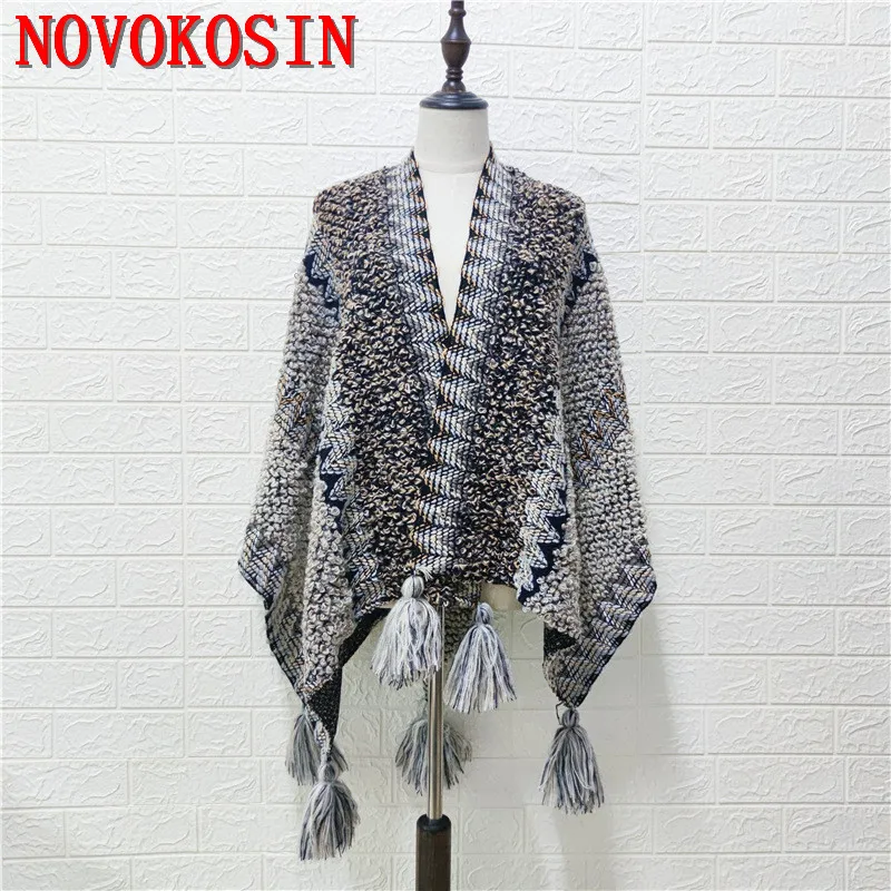 

Two Style Cloak Women Cardigan Multicolor Stripe Pullover Capes Loose Thick Poncho Autumn Knitted Sweater Tassel Shawl Knitwear