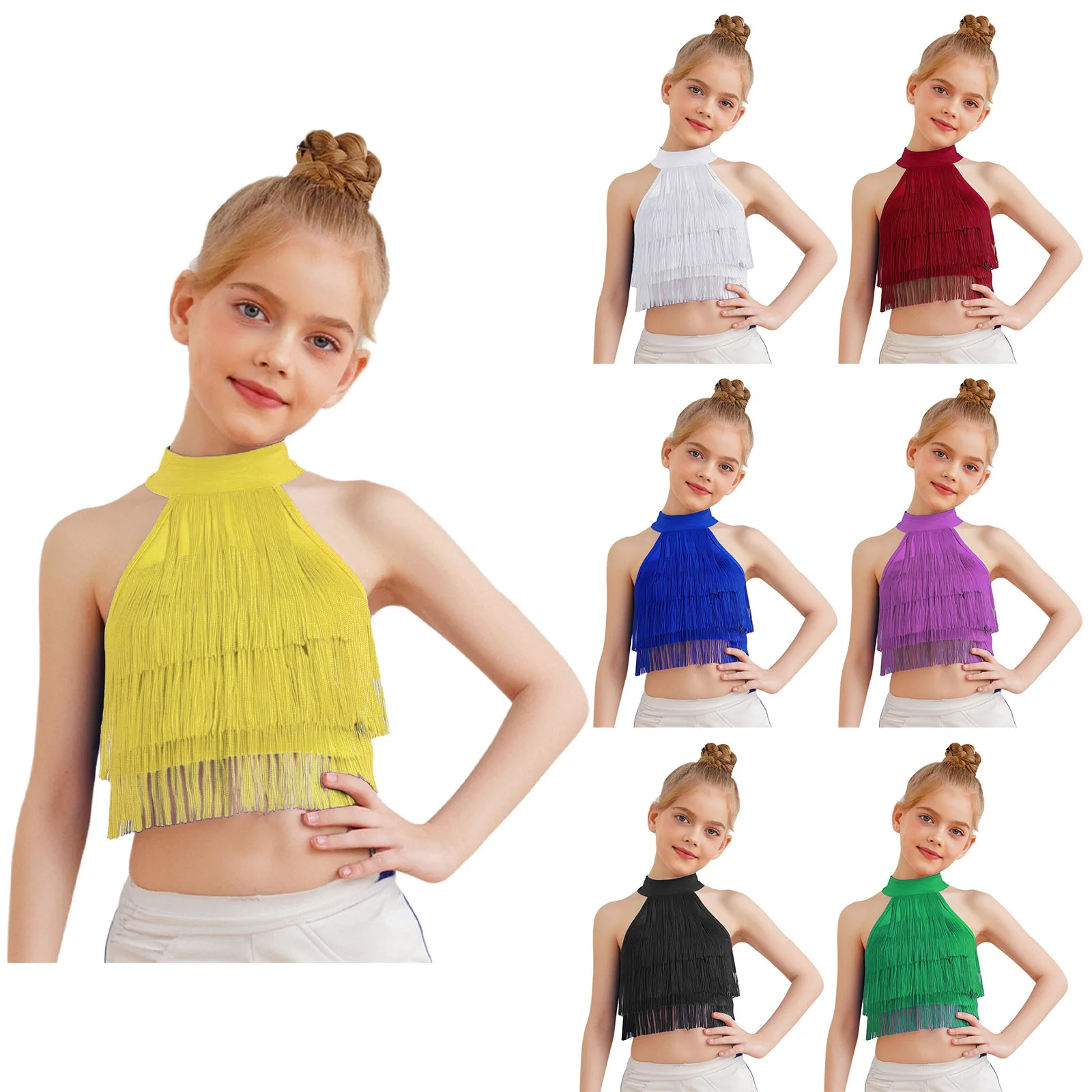 Kids Girls Latin Dance Crop Top Salsa Rumba Samba Performance Competition Costume Sleeveless Strappy Back Tiered Tassels Vest