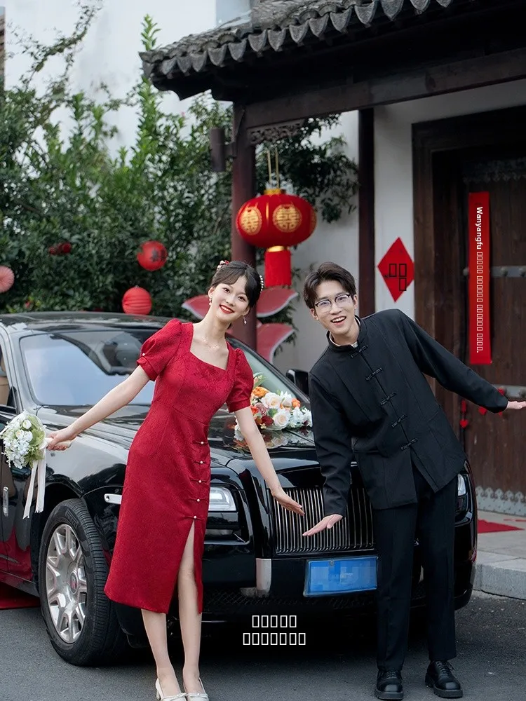 

Красное улучшенное элегантное свадебное платье для невесты на помолвку и банкет, весна-осень, с коротким рукавом, длинное платье