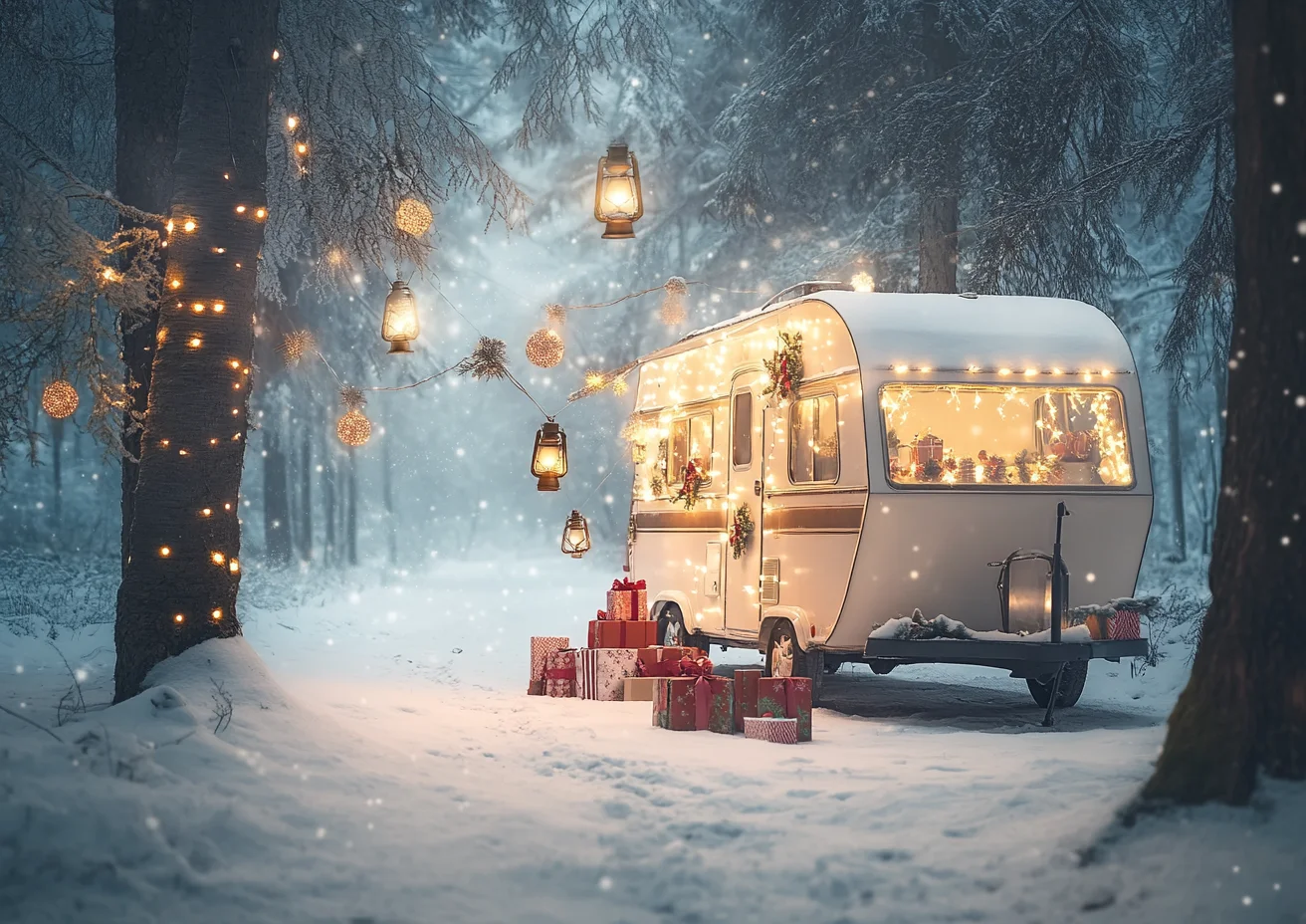 Winter Snowy Bus Christmas Background Photography Camping Forest Xmas Trees Kids Family Portrait Christmas Backdrop Photo Studio