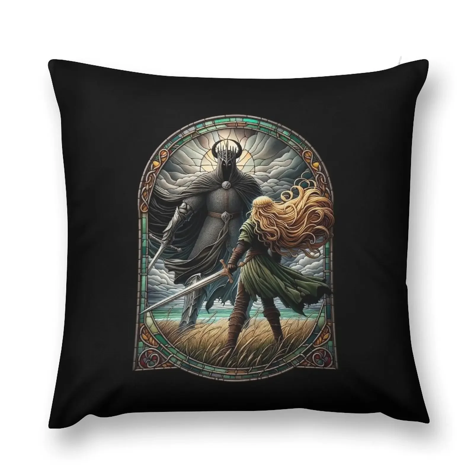 Epic Duel in Stained Glass - A Fierce Maiden and a Dark Wraith - Fantasy Throw Pillow Cushion Cover Set pillow