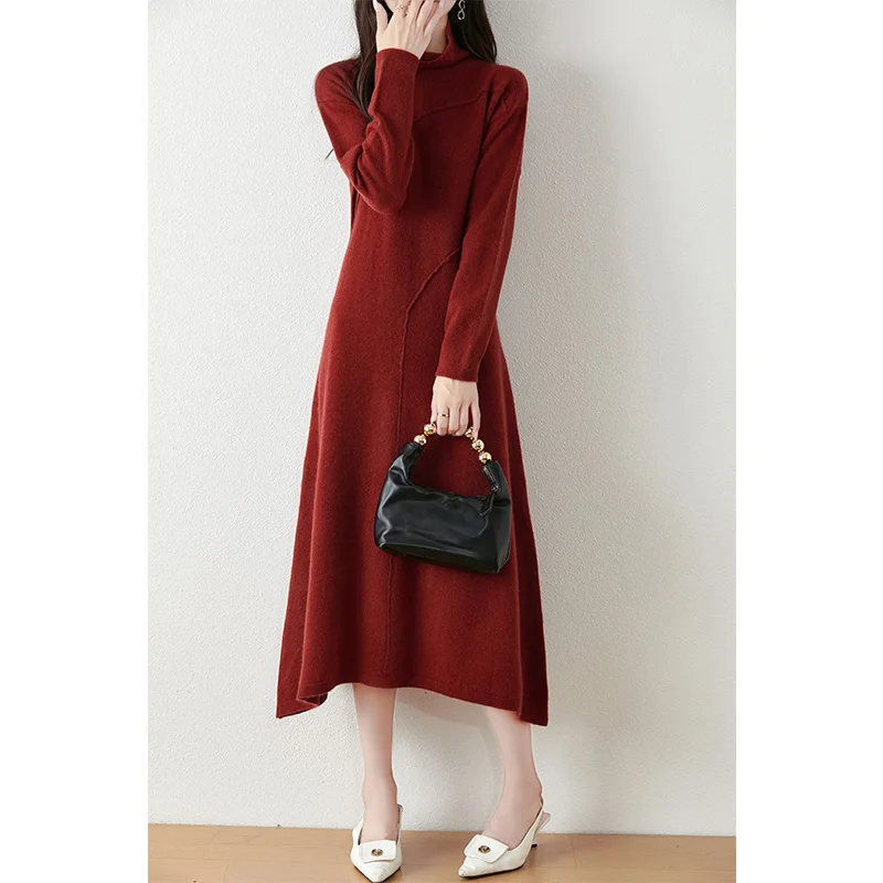 

100% merino wool women's knitted dress, casual, fashionable, lines, high collar, new autumn and winter 2024