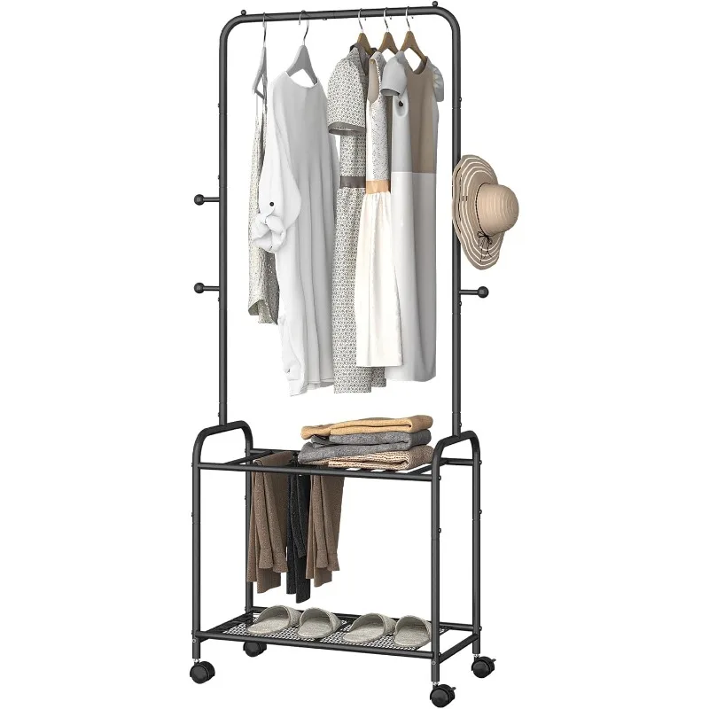 

Clothes Rack, Garment Rack with 2-Tier Storage Shelf, 2-In-1 Design, Clothing Rack with 4 Wheels, Metal Frame Shoe Rack