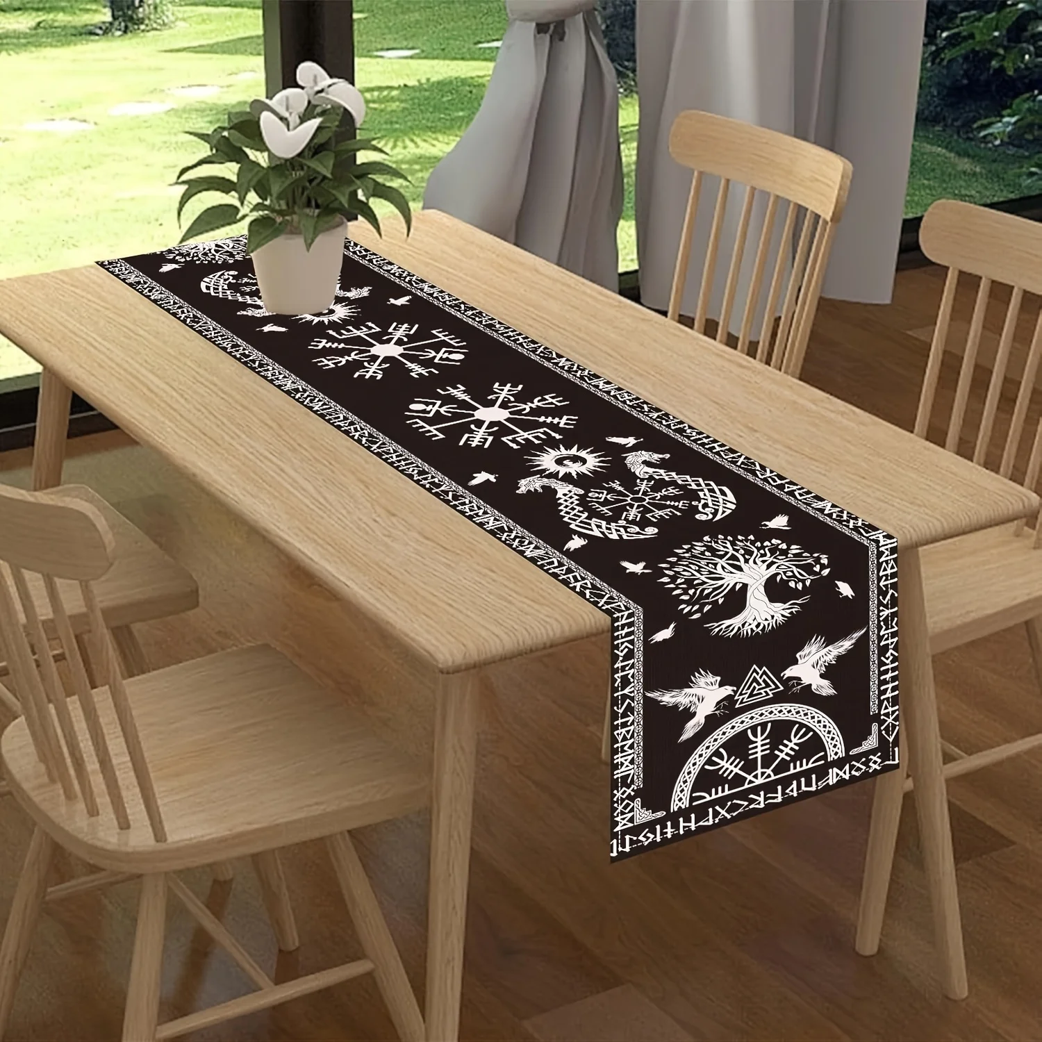 Linen Viking Table Runner - Black Tree of Life Raven Helmet of Awe, Home Kitchen Dining Decor