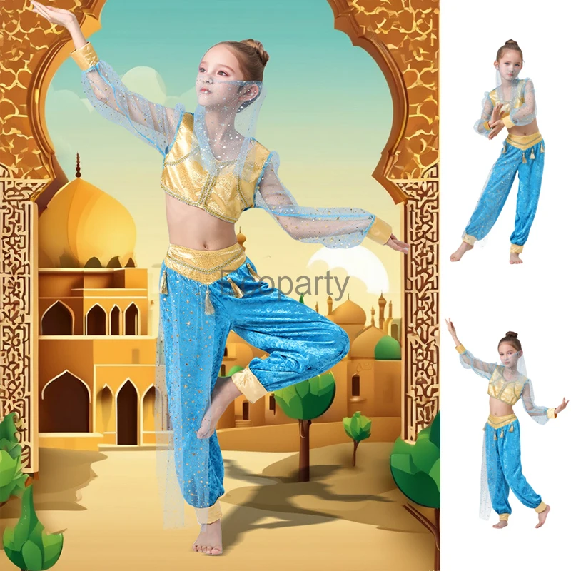 

New Girls Arabic Clothes Princess Cosplay Arab Girls Jasmine Dress Up Kids Latin Dance Clothes Stage Costumes Halloween Costume