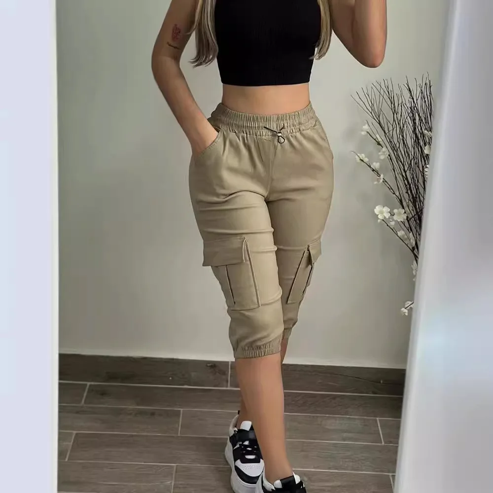 2026Summer Women's Slim-Fit Capri Trousers Solid Color Casual Multiple Pocket Lace-Up High Waist Tight Leggings Capri Pants 2026