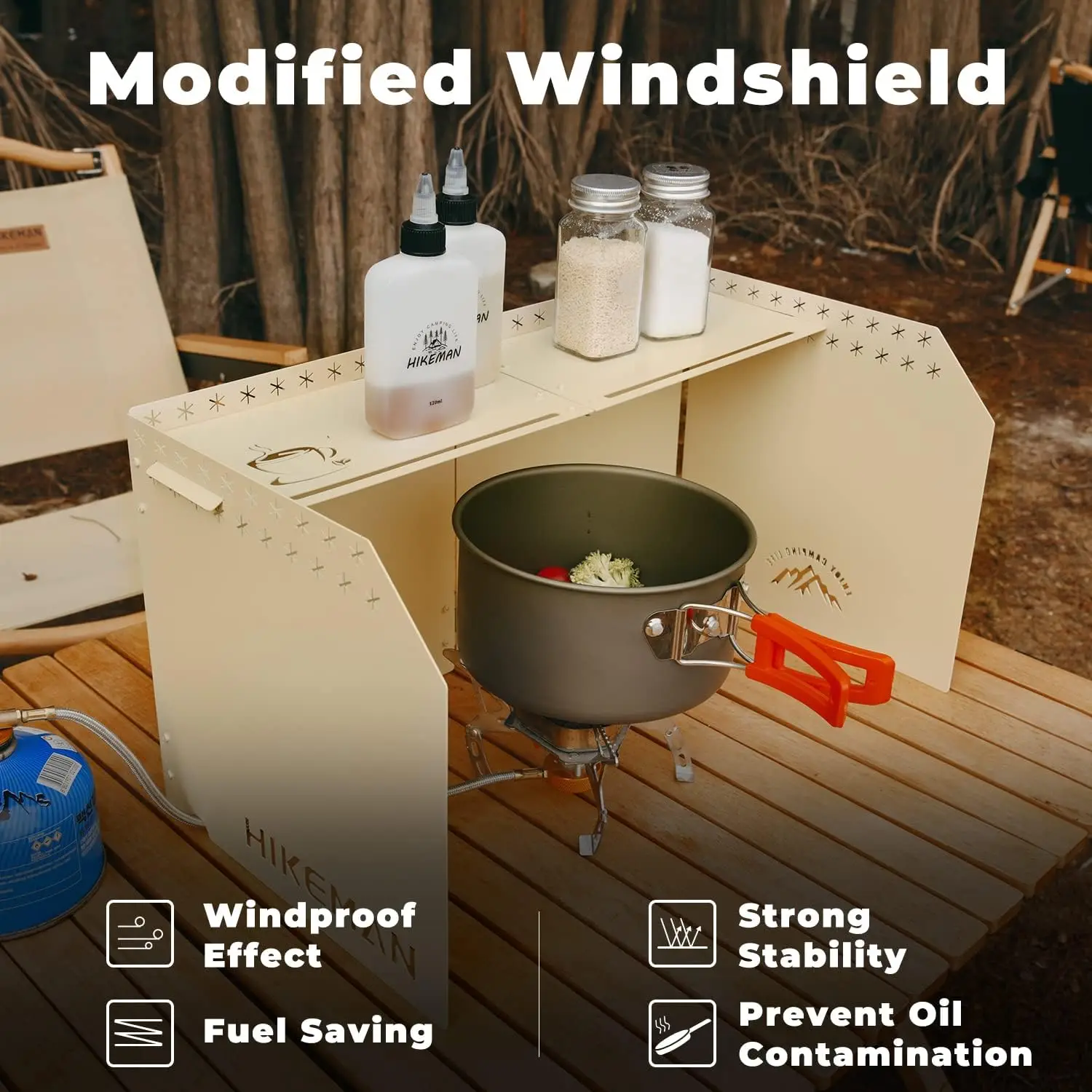 زجاج أمامي لموقد التخييم من HIKEAMN - زجاج أمامي قابل للطي مع حقيبة تخزين، أسود