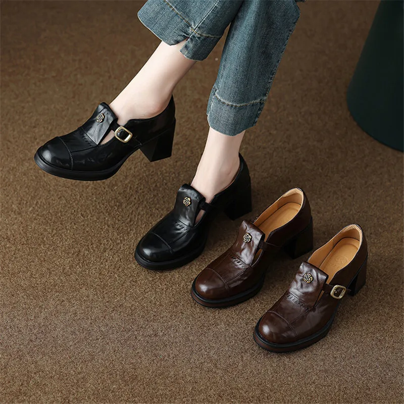 New Autumn Split Leather Women Shoes Fashion Round Toe Shoes for Women Chunky Heel Loafers High Heel Women Pumps Zapatos Mujer