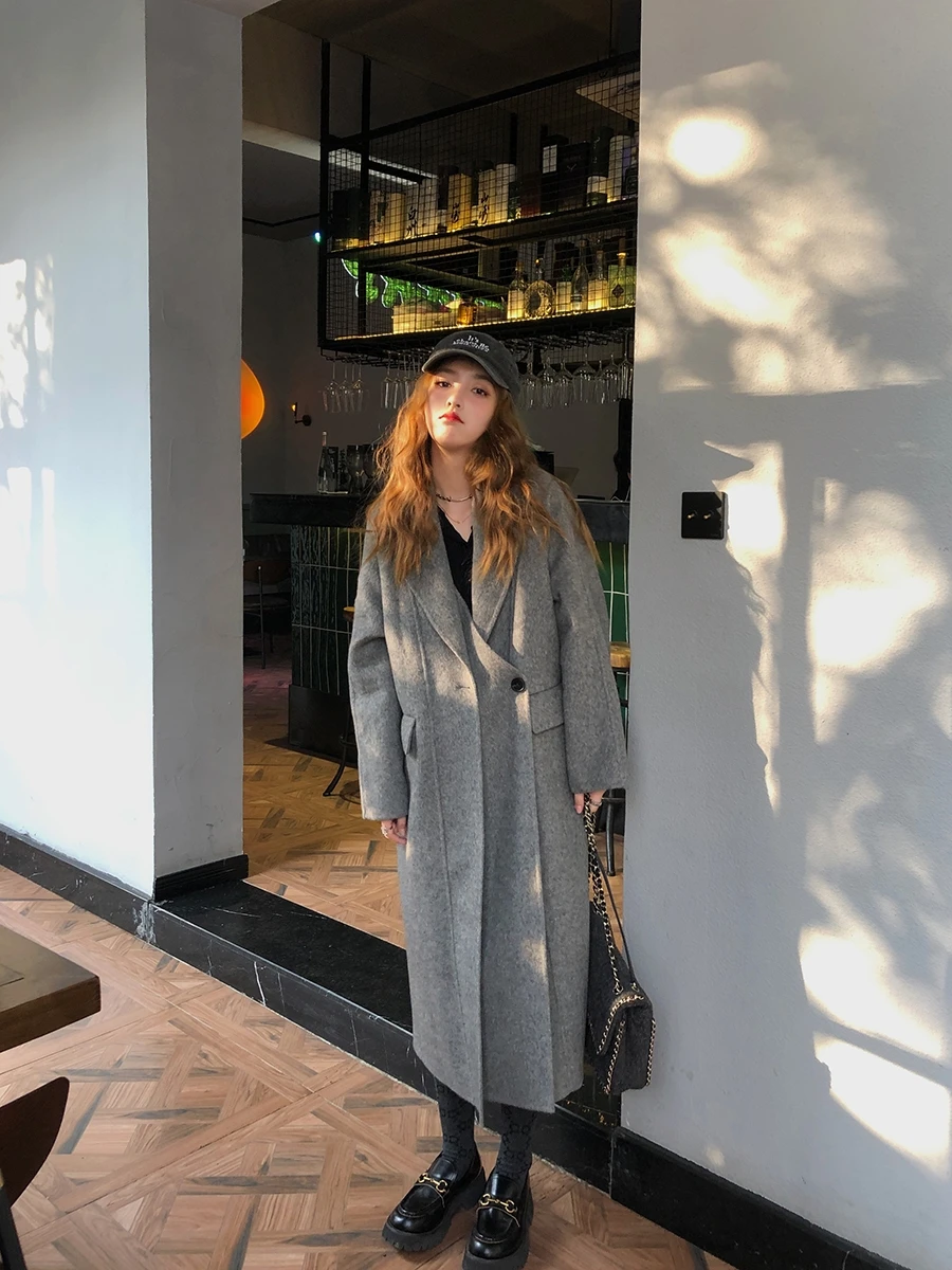 

Пальто WANNANKE женское двубортное из двусторонней шерсти, осенне-зимнее, длинное, свободного кроя, универсальное, шерстяное верхнее пальто