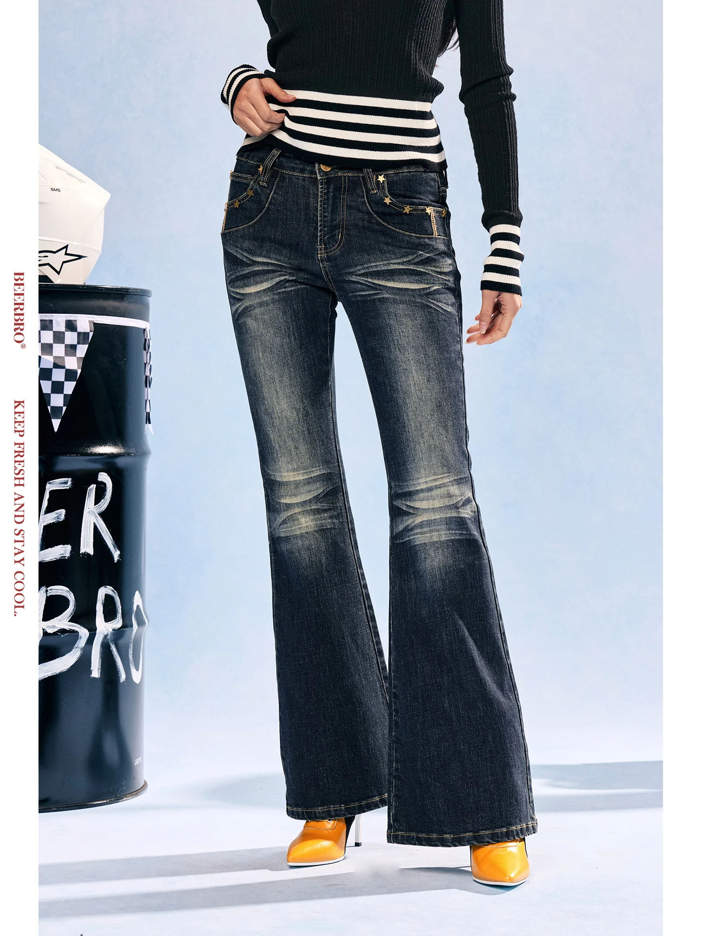 

Speed Pulse Star Colion Hot Girl Bead Embroidery Slim Fit Bell Bot Jeans Low Waist Cotton Blend Glitter Ladies Jeans