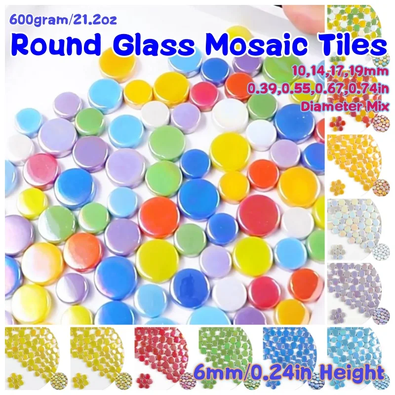 600gram/21.2oz Round Glass Mosaic Tiles (10,14,17,19)mm/(0.39,0.55,0.67,0.74)in Diameter Mix Jade Tile 6mm/0.24in Height