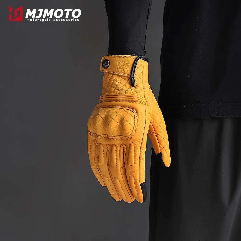 

Retro Yellow Motorcycle Gloves Touchscreen Motocross Gloves Built-in Protective Case Motorbike Gloves Goatskin Leather Men Women