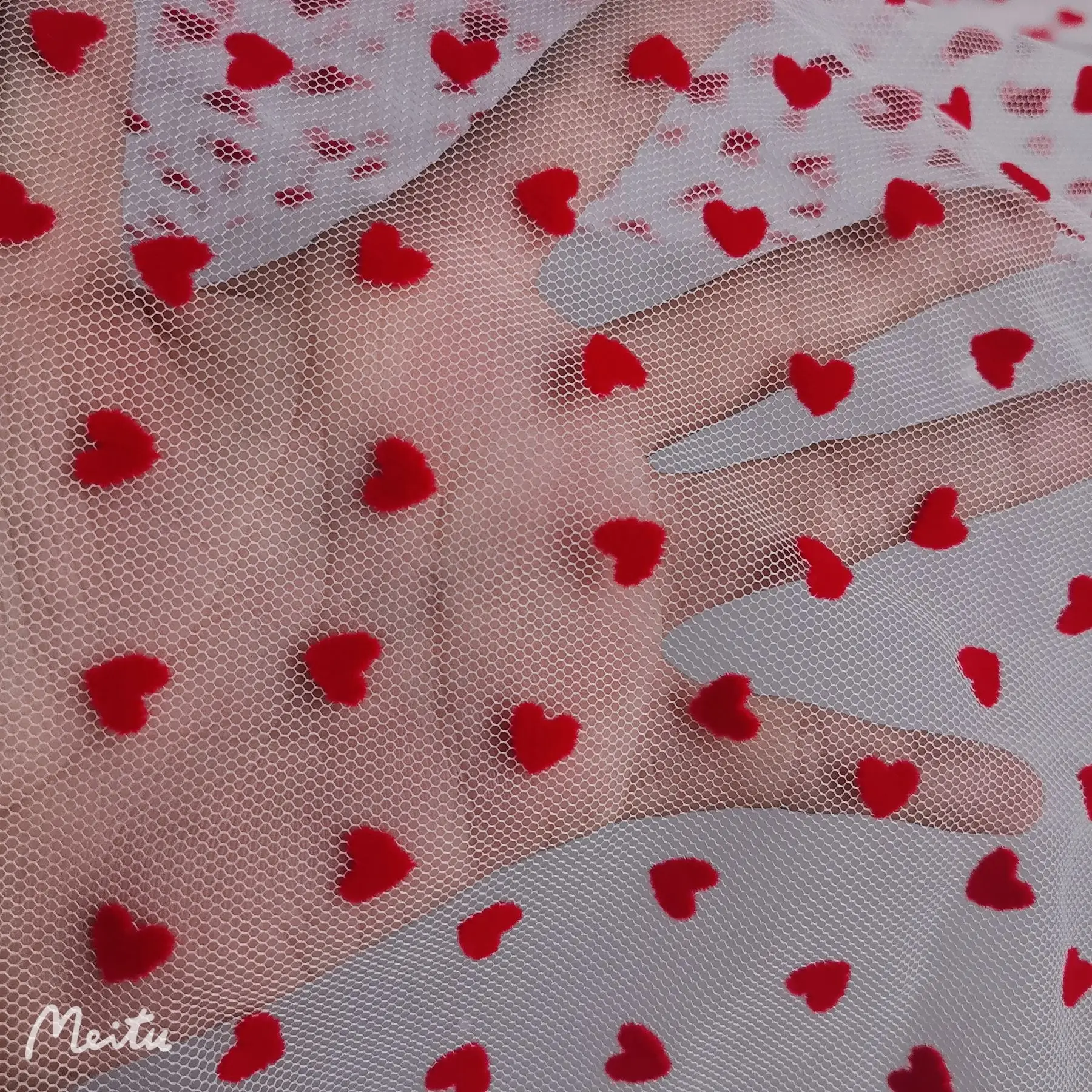 90cm Long 8mm Flocking Red Heart White Tulle Mesh Guipure Lace Fabric Wedding Dress Decoration Net Fabric Sewing Material Supply