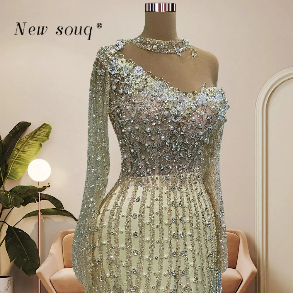 Arabisch Champagne Glittery Moslim Lange Mouwen Avondjurken Sparkle Vrouwen Bruiloft Jurken Dubai Formele Gelegenheid Vestidos