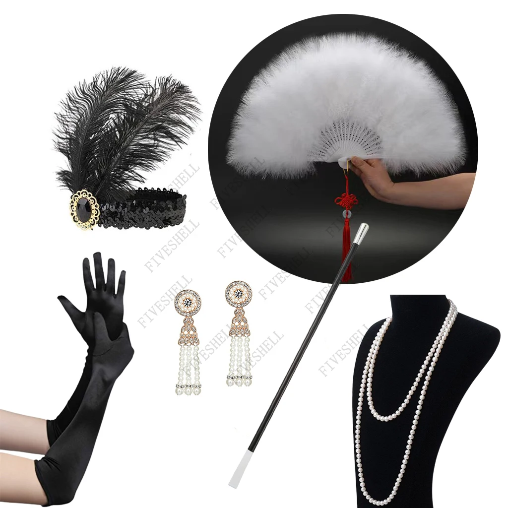 1920s Women's Vintage Flapper Gatsby Costume Accessories Set with Headband Pearl Necklace Gloves Cigarette Holder Halloween