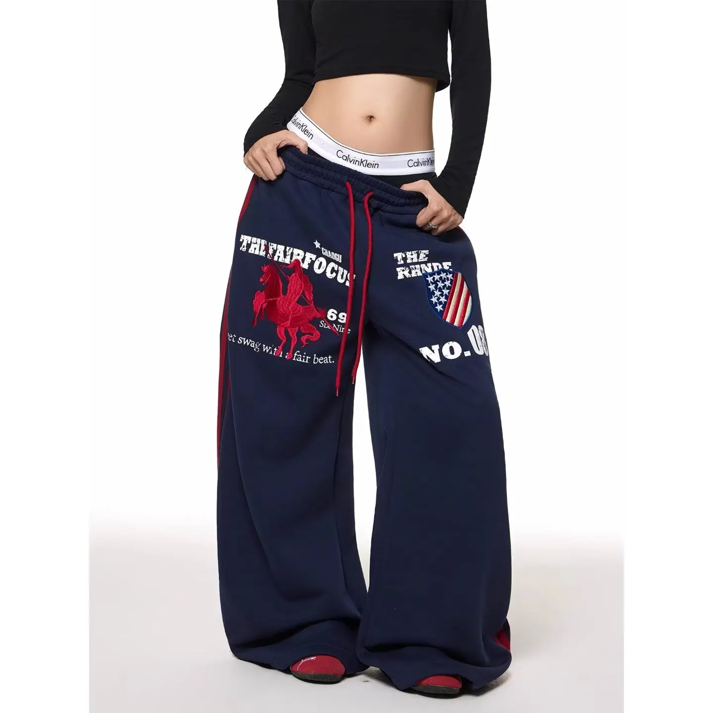 Navy Blue Gothic American Style Letter Men and Women Hip Hop Punk Casual Oversize Wide Legs Multifunctional Jogger Sweatpants