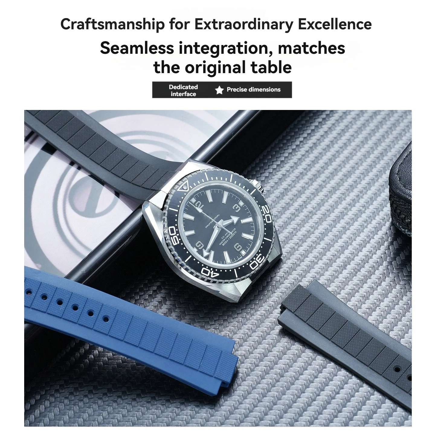 Suitable for Omega Seahorse Universe 600 watch 217.32 217.30 fluorine rubber watch with convex folding buckle accessories
