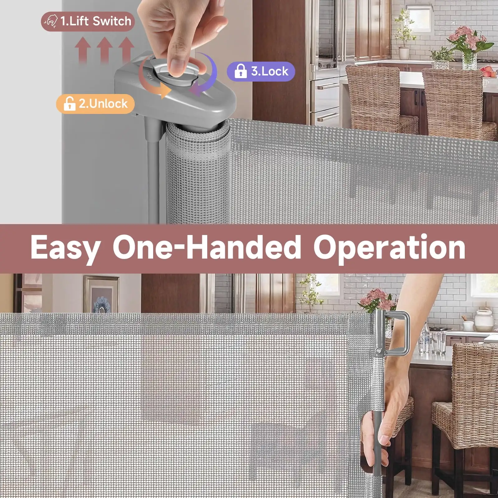 Porte di sicurezza per bambini extra larghe da 120 pollici Cancello per bambini retrattile Cancello di sicurezza per bambini per porta scale Cancello per cani in metallo per interni Grigio