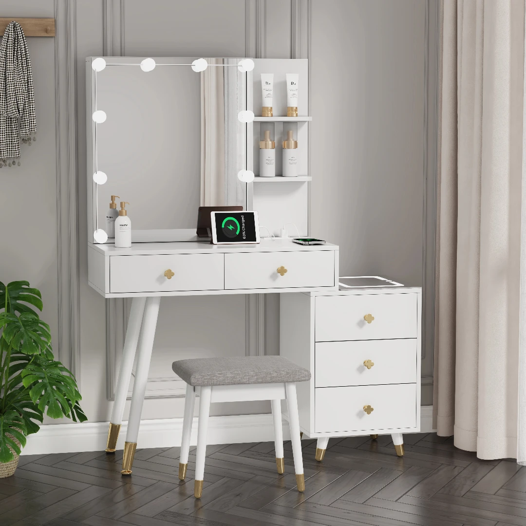 

FCH Pitted Particle Board With Triamine Coating, Solid Wood Legs With Copper Sheath Decoration, 5 Drawers, 2-Layer Shelf, Mirror