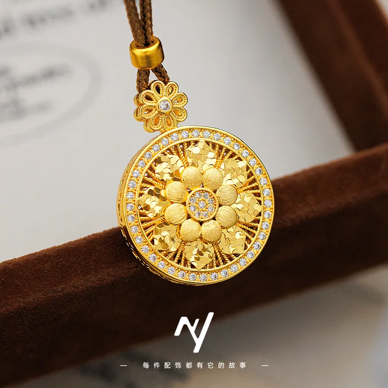 

New Chinese Style Diamond-set 9999 24K Real Gold Compass Necklace Brushed Double-Layer Braided Autumn and Winter Sweater Chain