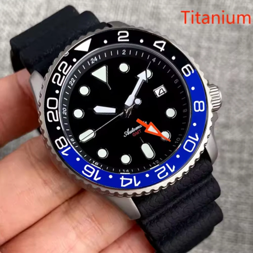 

Мужские механические часы Titanium Dive 41 мм, черные, стальные, с механизмом NH34 GMT, NH34A, 24-часовой индекс, безель с 120 кликами, сапфировое стекло, заводная головка 3.8.