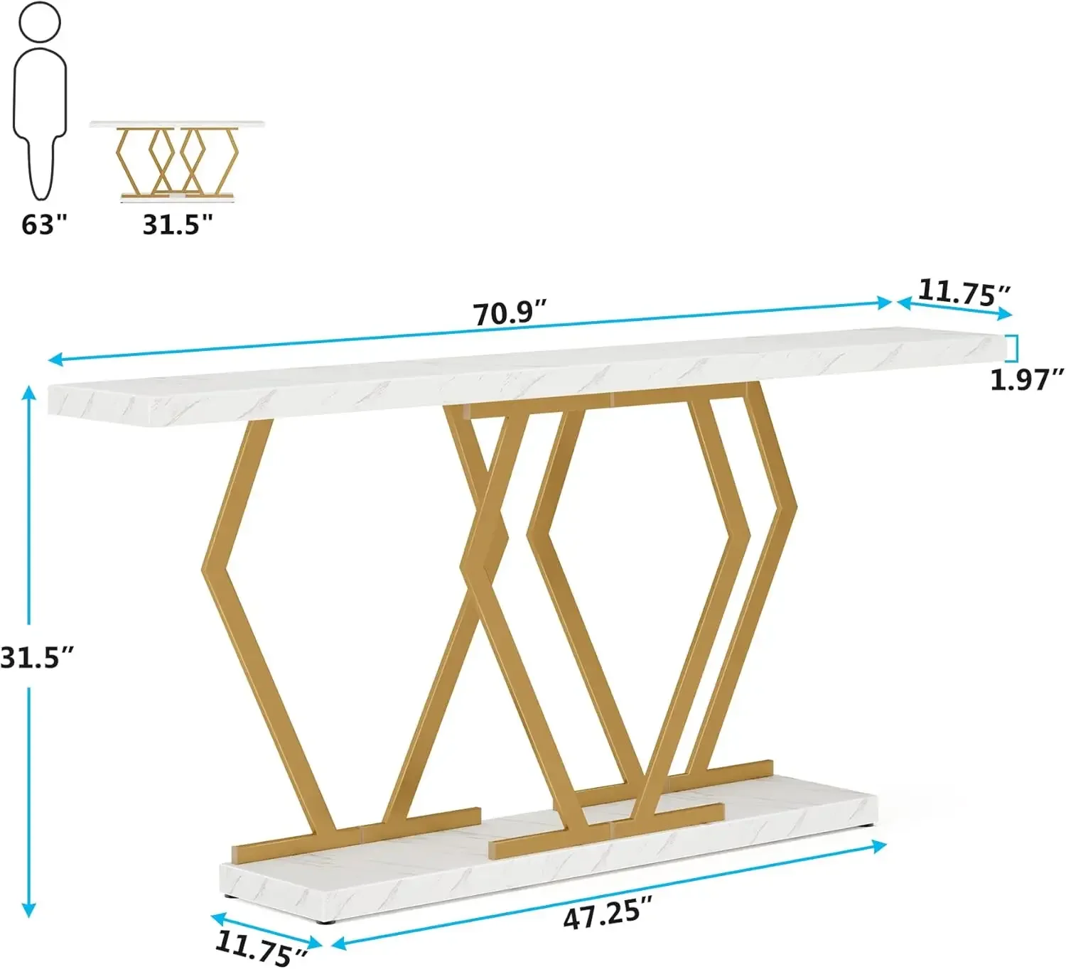 70.9 Inch Extra Long Sofa Table， White and Gold Console Table with Faux Marble Tabletop, Modern Long Entryway Table w