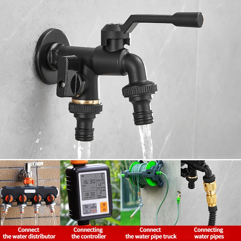 1PCS Outdoor Garden Brass Water Faucet Tap Anti-Freeze Bibcocks with Hose Connector Dual Outlet for Washing Machine