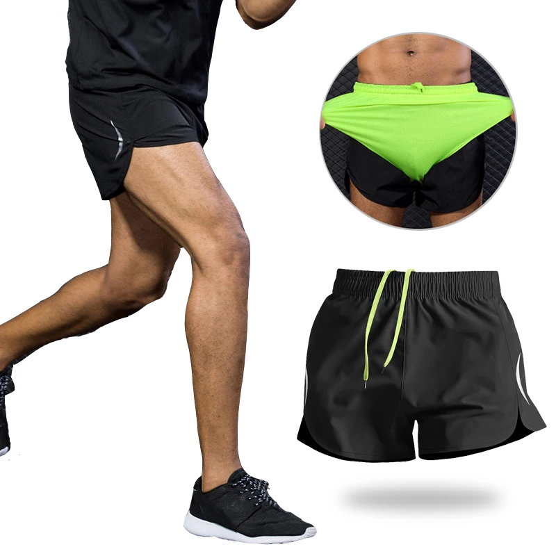 Queshark Professionele heren sneldrogende marathonsportshorts Lichtgewicht dubbele lagen reflecterende nachtloopshorts