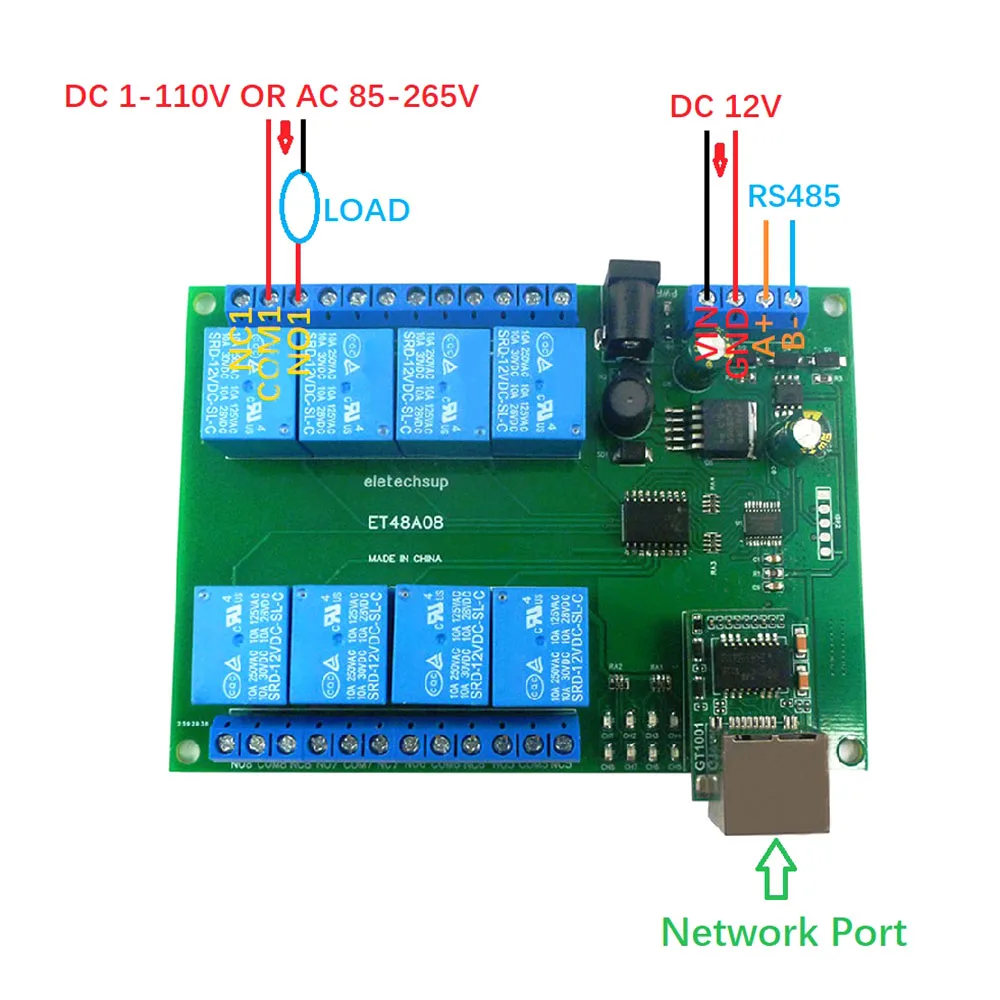 DC12V 8Ch Network Ethernet RS485 Multifunction Modbus Salve Relay Module RTU TCP/IP UART Switch Board for PLC Industrial Control