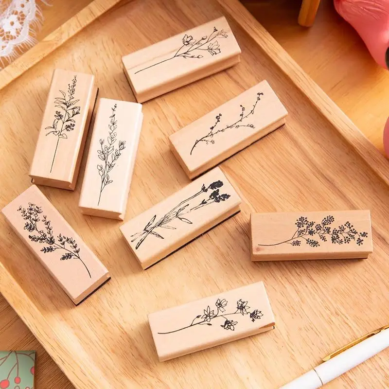 Wooden Flower Grass Series Stamp Creative Rubber Plant Element Seals Notebook Greeting Card DIY Decor Tools Stationery Gifts