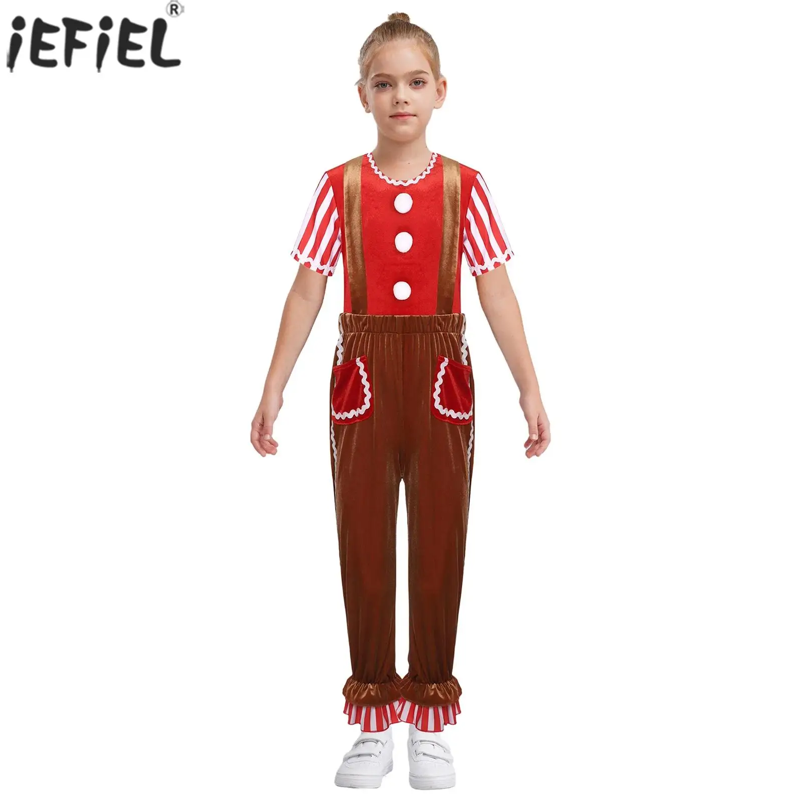 Kids Christmas Gingerbread Man Costume Party Xmas Cookies Elves Role Play Outfit Stripes Pompoms T-shirt with Suspender Pants