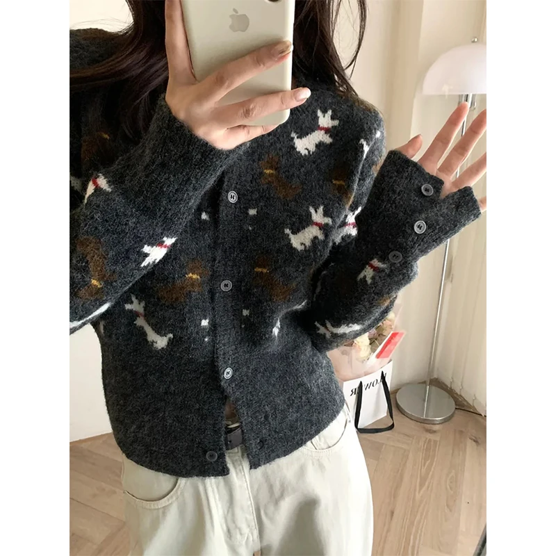 MEXZT Cropped Knitted Cardigan Women Streetwear Print Sweater Outerwears Winter Long Sleeve Knitwear Korean Casual Jumpers New