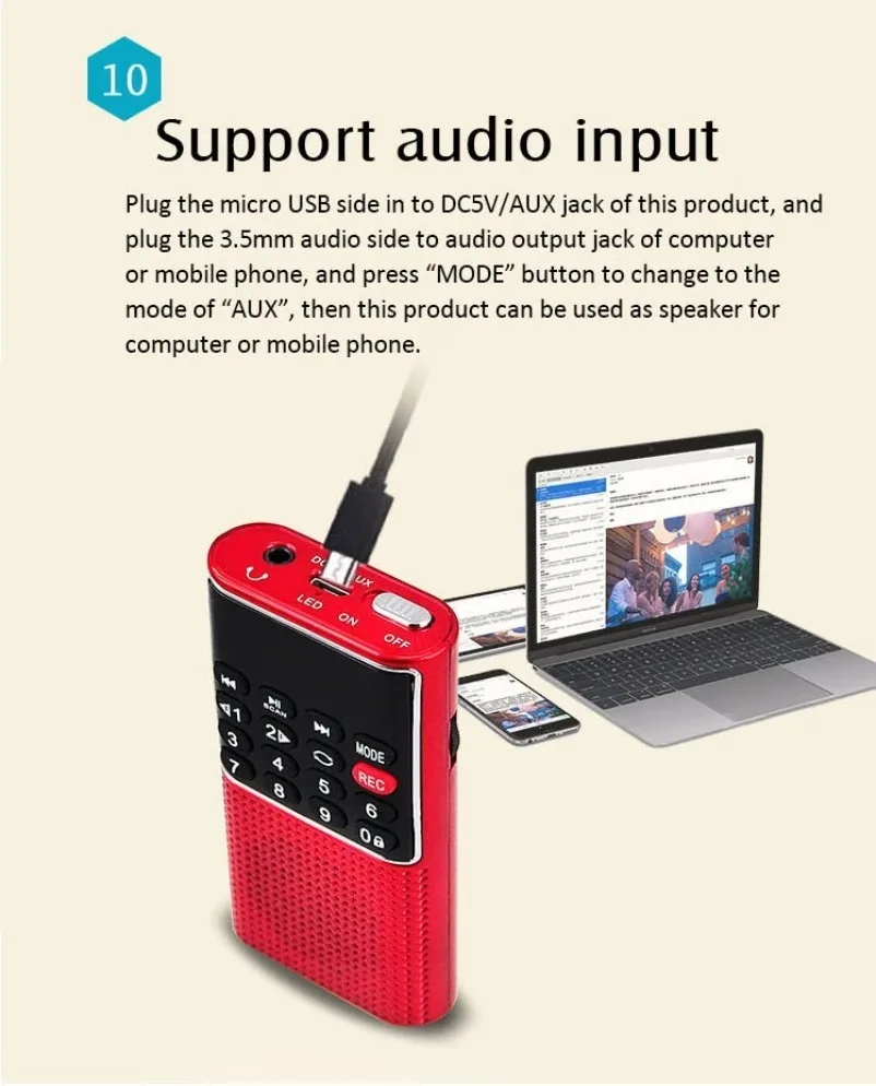 VIKEFON Tragbares Mini-FM-Radio, kabelloser Lautsprecher, MP3-Musik-Player mit Aufnahmefunktion, unterstützt Freisprechfunktion, TF-Karte, USB-Kopfhörerwiedergabe – Detail 22