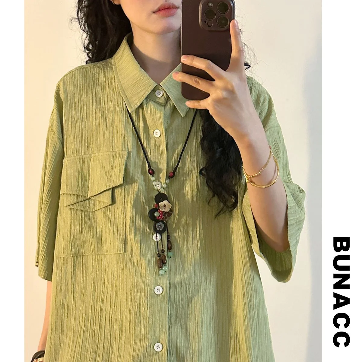 

Summer Casual American Retro Hong Kong Style Short Sleeve Shirt Loose Women's Texture Pocket Top BUNACC2026 Fashionable Ladie...