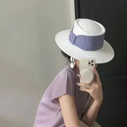 New Summer Fashion Wide Brim Ring Concave Top Paper Straw Hat Women's Colorful Ribbon Decorated Beach Sun Hat Causal Fedoras