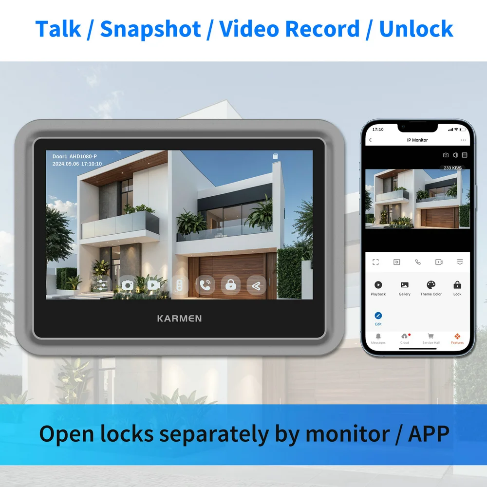 Karmen WiFi Video Intercom Doorbell 7 inch,1080P HD Night Vision,APP Remote Unlock,Motion Detection,Video/Photo Capture for home