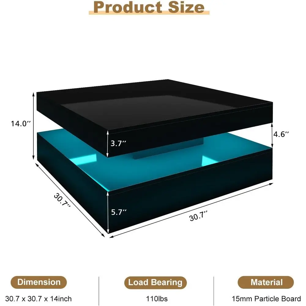 Contemporary 2-Tier Square LED Coffee Table with Storage for Living and Dining Rooms