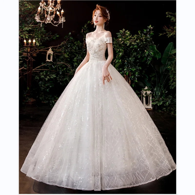 PRXD-120#Wedding Dress Wholesale Lace Up Embroidery Bride Marriage Dresses White Ball Gown Christmas Carnival Boat Neck Sequins