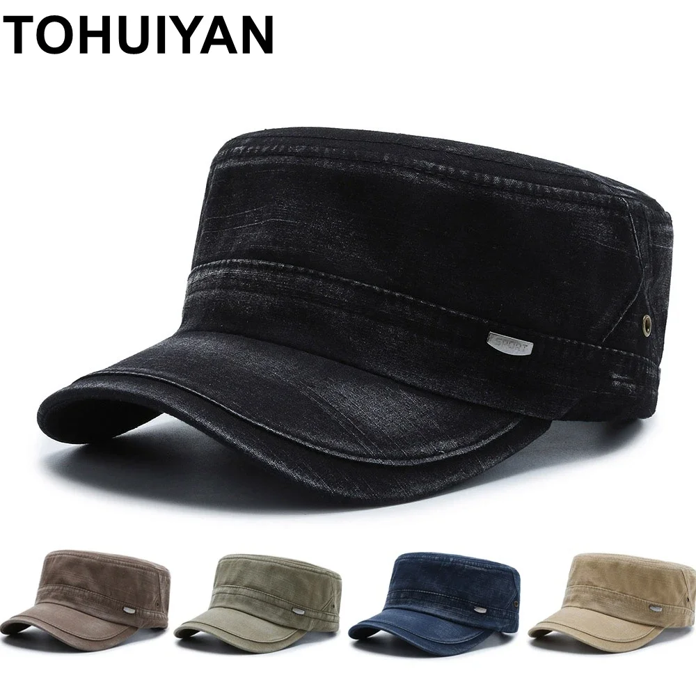 Top Level Washed Cotton Military Hats for Men Retro Gorra Army Cap Outdoor Sunscreen Flat Top Hat Male Bone Adjustable Cadet Cap