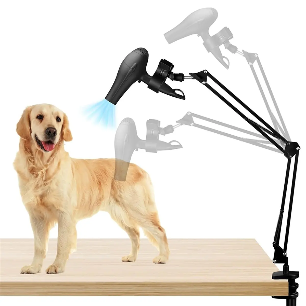 AT16 Dog Hair Dryer Holder,360° Rotatable Hands-Free Pet Dryer Holder, with Adjustable Clamp , Fits Most Hairdryers