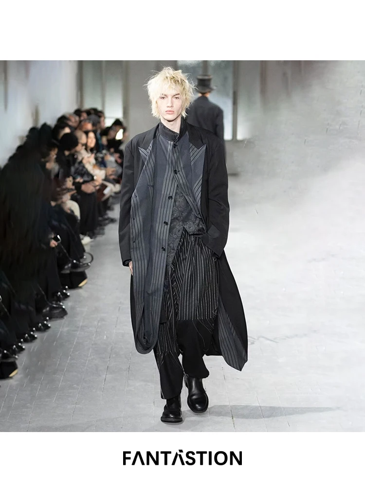 FANTASTION Striped collar Double layered connected design overcoat jackets Asymmetric  chic casual Unisex loose coats