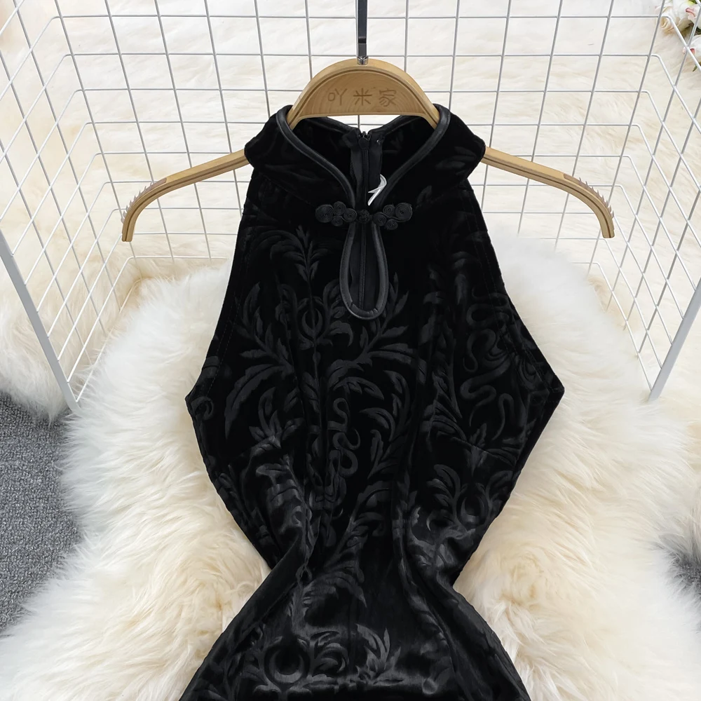 Vestido qipao estilo vintage longo de veludo, verão, pescoço pendu, exposição de ombro, cintura alta, saia linha a, estil...