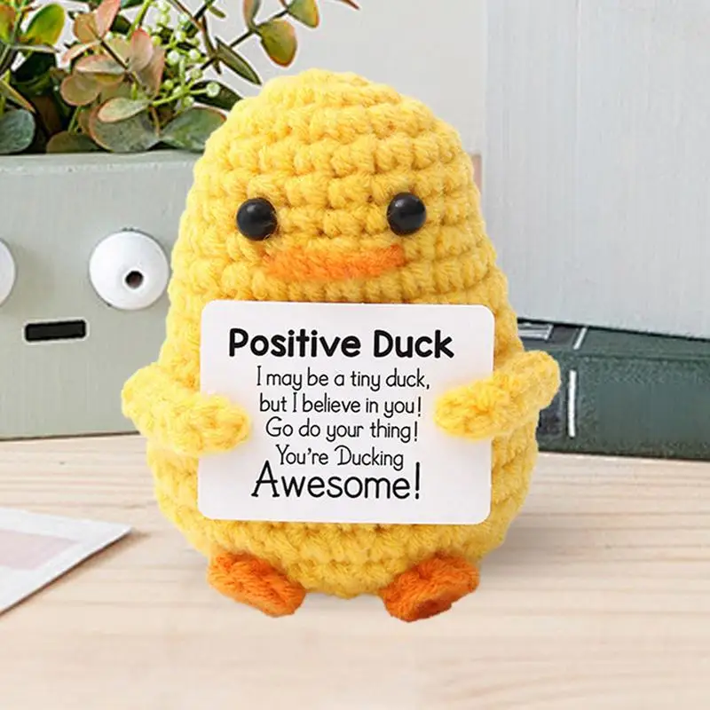 Handmade Wool Crocheting Duck Doll With Card Funny Positive Energy Crochet Duck Ornament Christams Gift Home Room Decoration