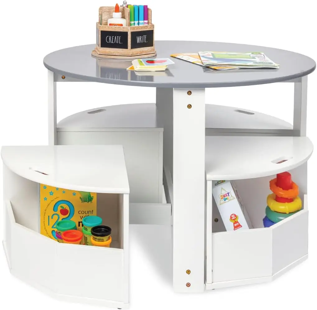 Juego de mesa y silla para niños, mesa de juegos de actividades para niños pequeños, diseño de anidación redondo con 4 taburetes de almacenamiento