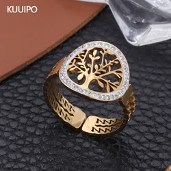 Fashion Tree Shape Stainless Steel Rings for Women Accessories Hollow Out Rhinestone Gold Color Open Ring Party Jewelry Gift