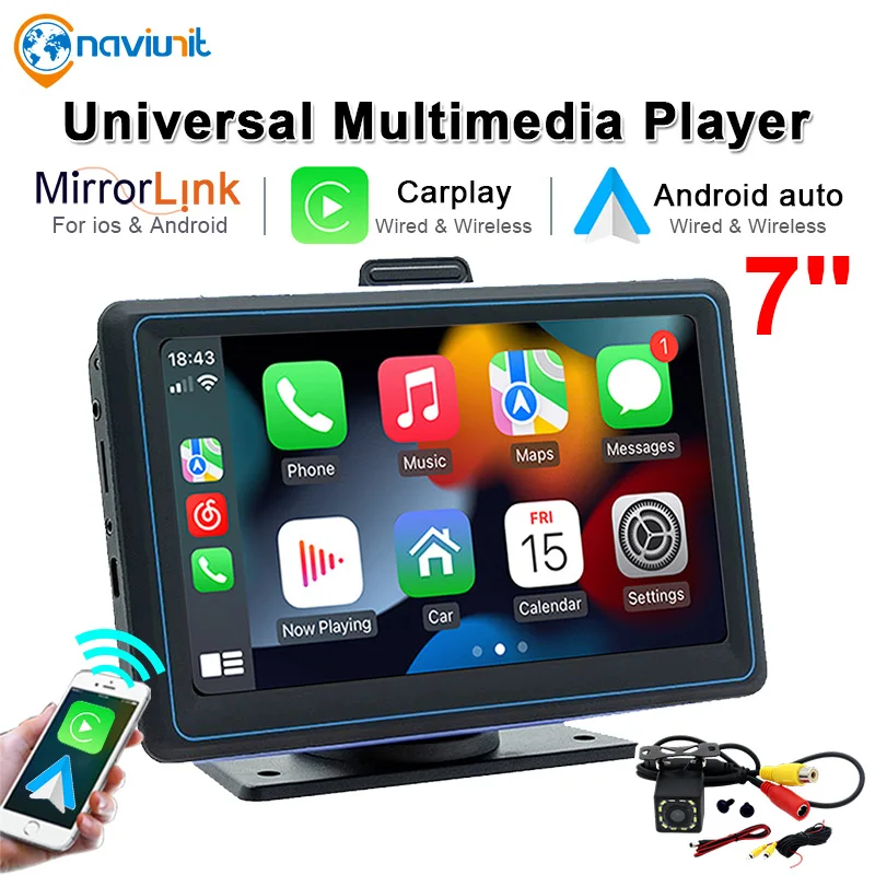 

7" IPS Screen Bluetooth Car Radio Wireless Carplay Android Auto Stereo Mirror Link Reversing Camera input FM Multimedia Player