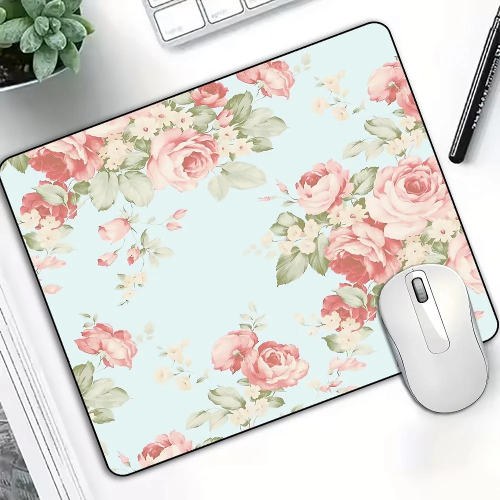 Medium Rectangle MousePad Light Blue Background Vintage Pink Rose Floral Print Non Slip Rubber Base 45X40CM For PC Office Laptop
