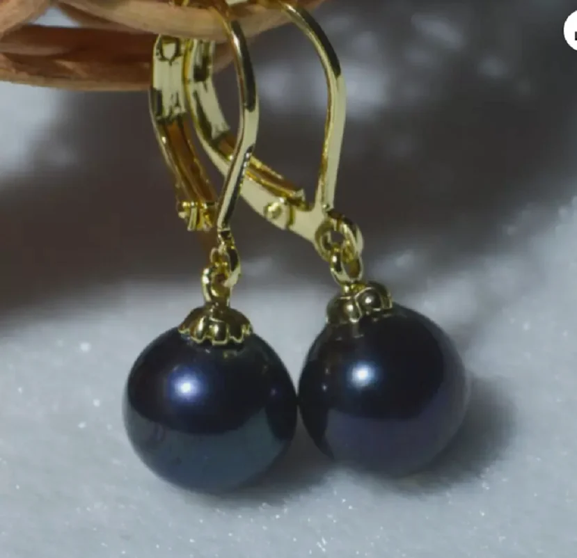 AAA natural 9-10MM south sea black pearl earrings 14K GOLD